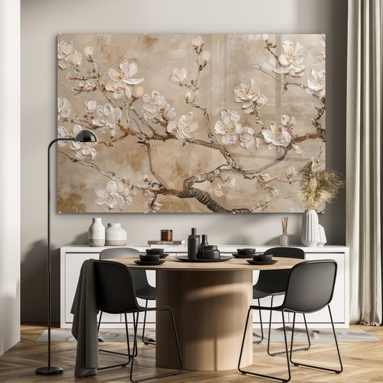 MuchoWow® Tableau sur verre 150x100 cm - Tableau sur verre acrylique - Fleurs - Moderne - Beige - Wit - Blossom - Photo sur verre - Décoration murale salon - Décoration murale chambre - Peintures