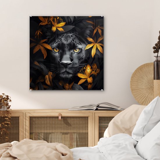 MuchoWow® Peinture sur verre 50x50 cm - Peinture sur verre acrylique - Panthère noire - Fleurs - Or - Nature - Félin - Photo sur verre - Décoration murale salon - Décoration murale chambre - Peintures
