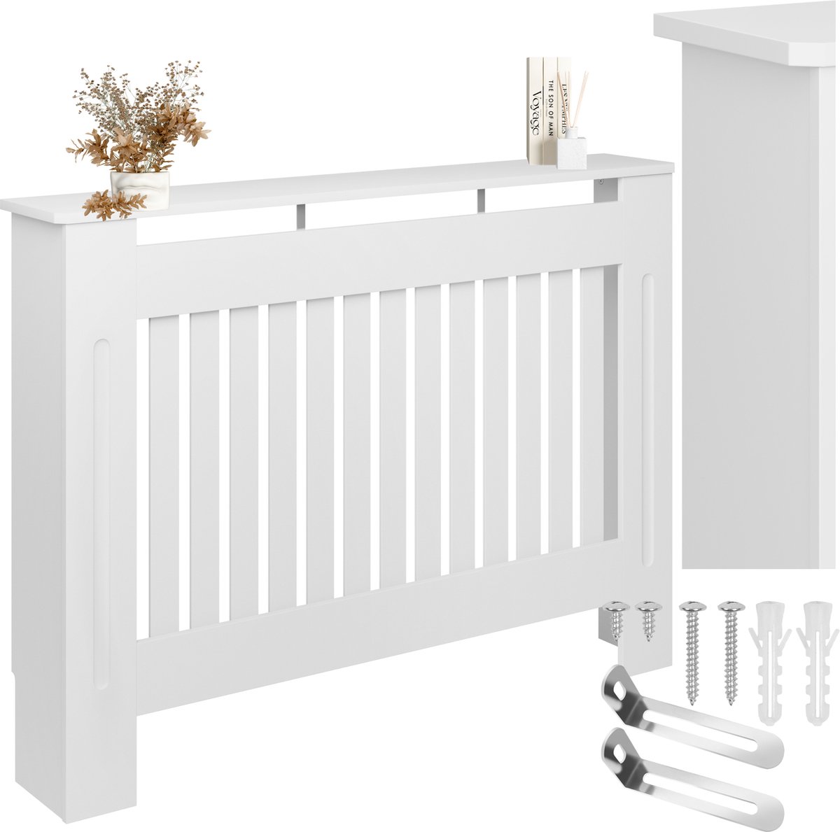 tectake® Radiatorombouw - Radiatorafdekking - Radiatorpaneel - Radiatoromkasting - Verwarmingsombouw - Lamellenontwerp, met plank - Div. afmetingen - 112x19x82cm - wit
