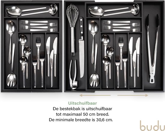 Boîte à couverts extensible noire avec couverts. Le tiroir s'étend jusqu'à 50 cm de large.