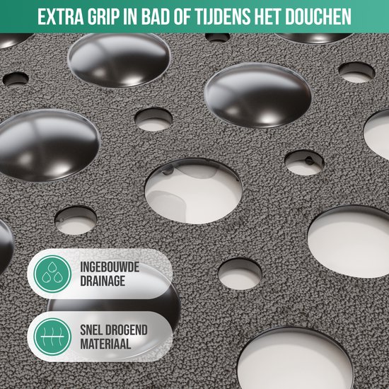 Close-up van een zwarte antislipmat met ingebouwde drainage en snel drogend materiaal.