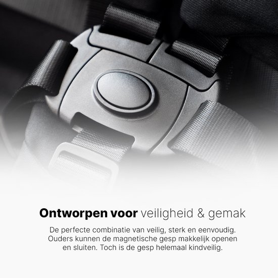 Close-up van de magnetische gesp van de buggy, ontworpen voor veiligheid en gemak.