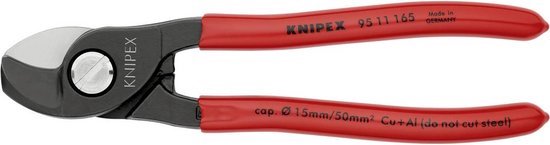 Grijze kniptang met rode handvatten, met tekst 'KNIPEX 95 11 165 MADE IN GERMANY' en 'cap. Ø 15mm/50mm² Cu+Al'.
