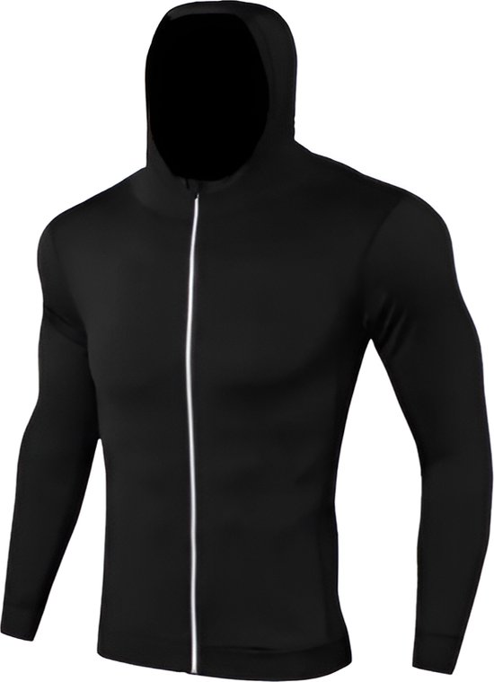 Sweat à capuche noir avec fermeture éclair et passepoil blanc.