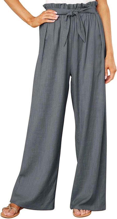 Wijde Pijpen Casual Broek Elegante Dames Lange Lounge Broek Palazzo Broek met Riem - Rechte Pijp - Grijs