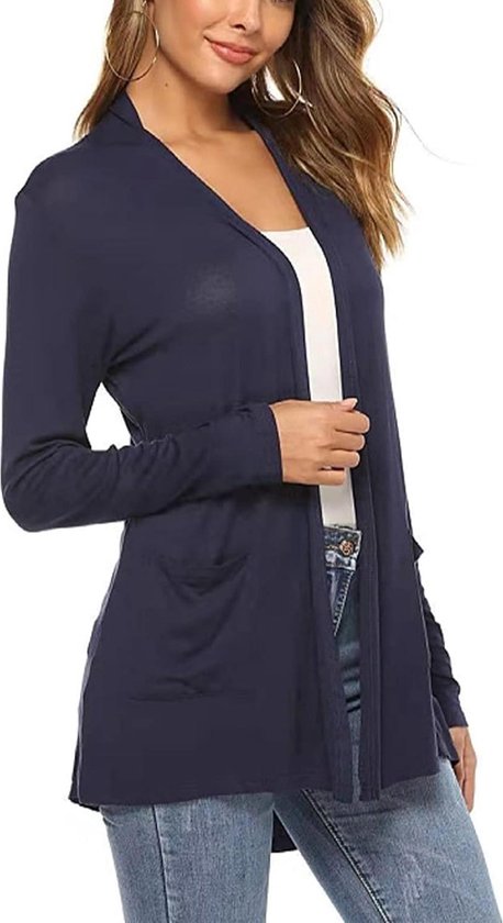Cardigan Femme Couleur Pure Manches Longues Cardigan Léger Décontracté - Haut Ample Mi-Long pour Printemps Automne - XXL Bleu Marine