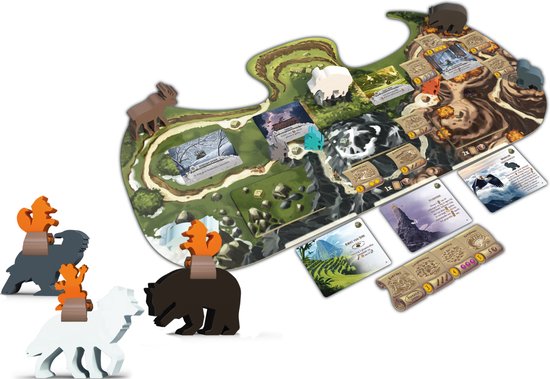 Een Everdell spelbord met speelstukken, waaronder een zwart en een wit dier met berijders.