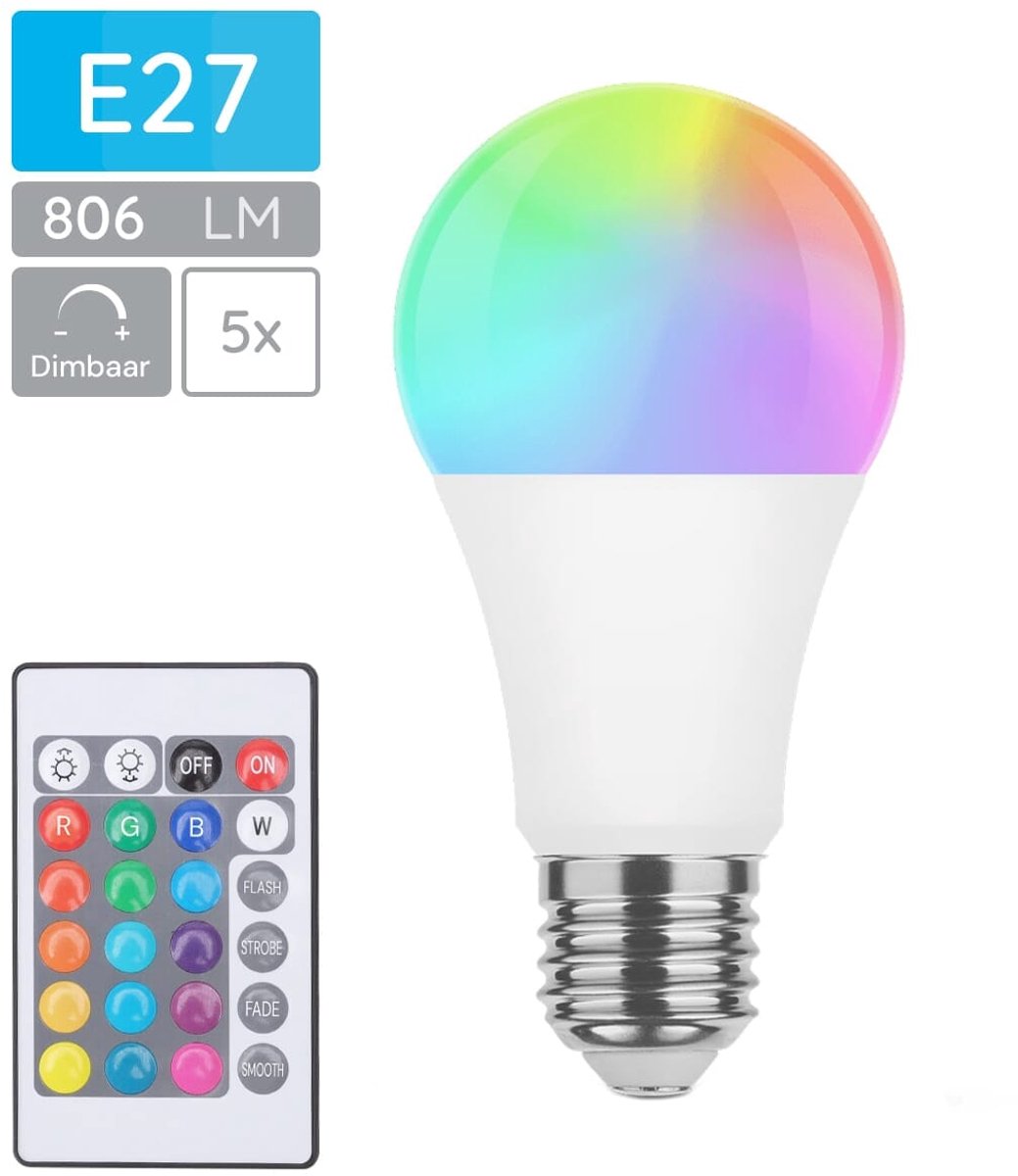 Modee Smart E27 LED Lamp met Afstandsbediening - 9.4W - Slimme Lamp - RGB en Neutraal Wit - A60 Lamp - 5 Stuks