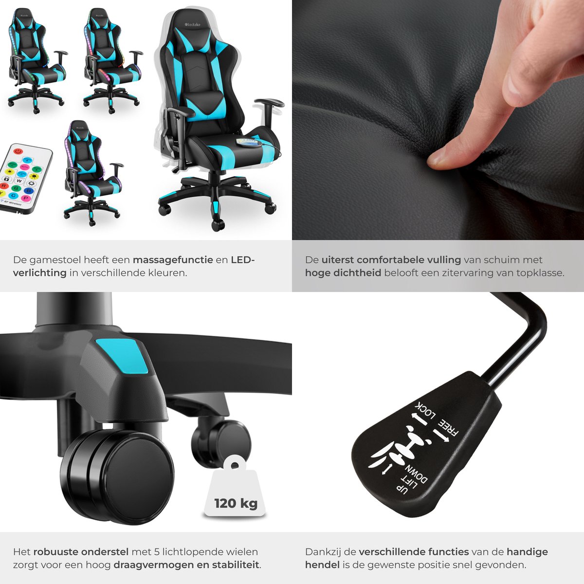 tectake® Gamingstoel met Massagefunctie en LED-lichteffecten - afbeelding 2