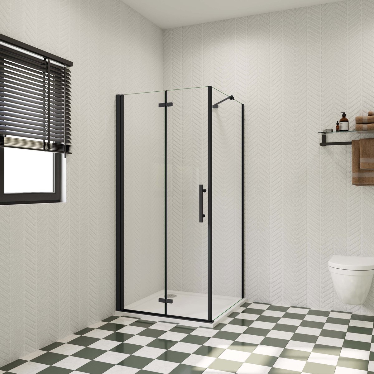 76x76x185cm douchecabine met inklapbare vouwdeur en vaste zijwand, 6mm helder EasyClean veiligheidsglas,mat zwarte aluminium frame, stabilisatiestang 45 cm