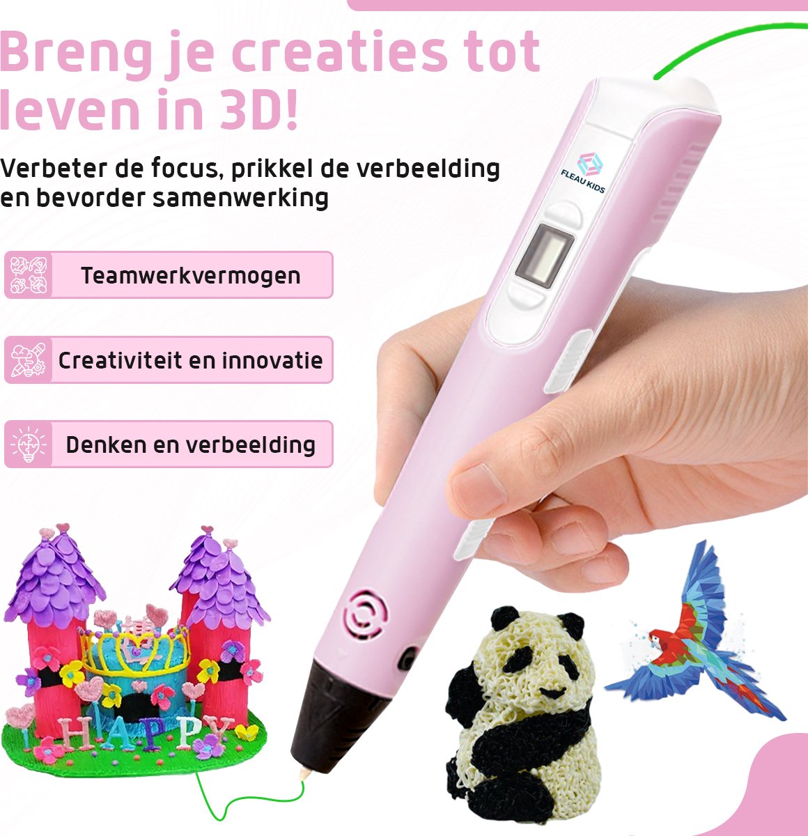 Fleau Kids 3D Pen Starterspakket Roze XL - 75m Filament - 15 Kleuren Vullingen + Vele Extra's - 2025 USB-C Model - Knutselen en Tekenen - 3D Printen - Tekenset — afbeelding 6