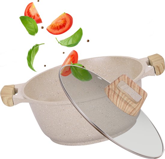 Maison & Kitchen - Braadpan inductie met deksel 28 cm PFAS vrij- braadpannen geschikt voor alle warmtebronnen - Bakpan - Kookpot - Kookpotten - Beige Japandi