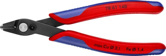 Precisie zijsnijtang met rode en blauwe handvatten, open. Marked '78 61 140'.