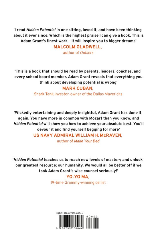 Boekachterkant met citaten van Malcolm Gladwell, Mark Cuban en Adam H. McRaven.