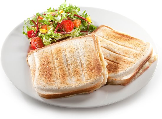 Deux sandwichs grillés sur une assiette blanche avec une salade de laitue, tomates cerises et poivrons jaunes.