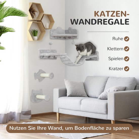 Fukumaru Klimwand, kattenset, 4-delige wandplanken, van sterke meerlaagse platen, wandpark met kattenhuis, kattenbrug, kattenboom, kattentrap tot 18 kg, grijs