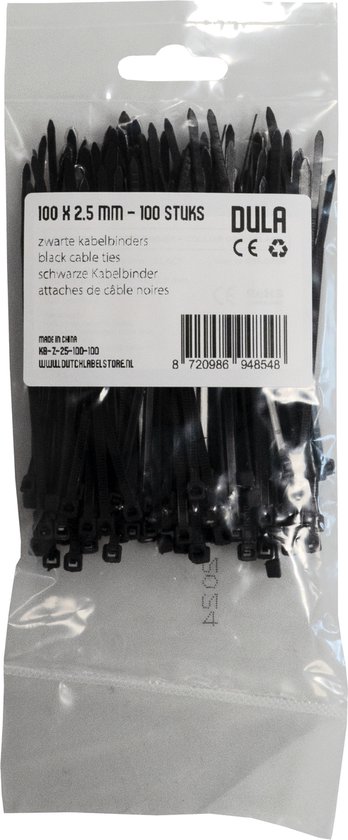 Verpakking met 100 zwarte kabelbinders van 100 x 2,5 mm.