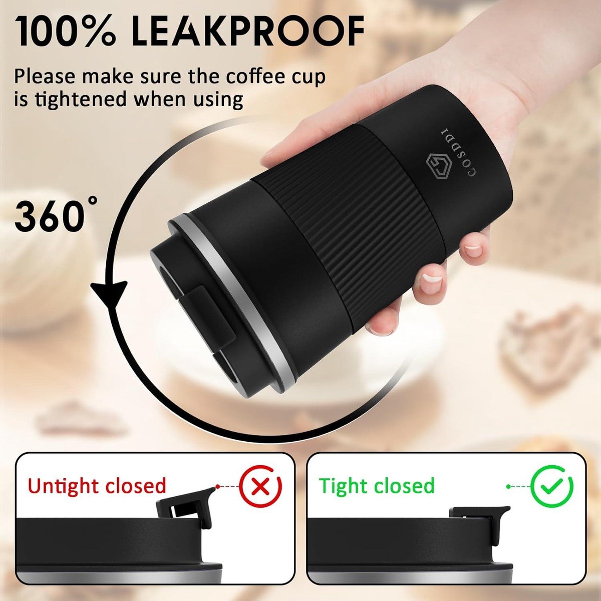 Geïsoleerde thermische reisbeker voor onderweg - herbruikbare koffiebeker voor auto - roestvrijstalen beker voor koffie water thee - 380 ml (zwart-A) — cadeau in Koken & Dineren - foto 4