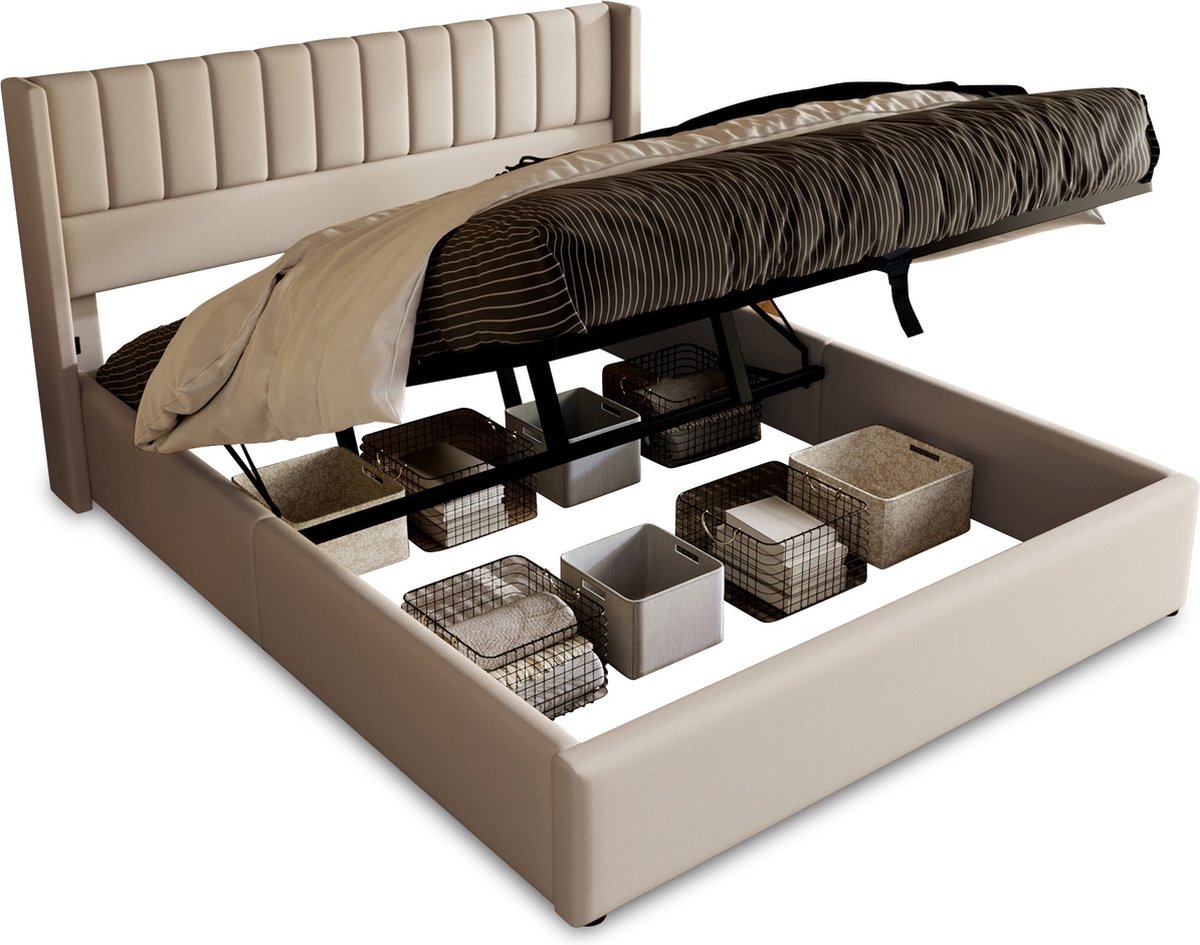 Merax Bed met Opbergruimte 140x200 cm Beige – Gestoffeerd Tweepersoonsbed met Hydraulisch Opbergsysteem en Lattenbodem