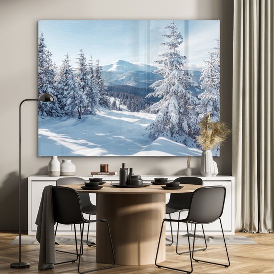 MuchoWow® Peinture sur verre 160x120 cm - Peinture sur verre acrylique - Paysage d'hiver - Nature - Berg - Arbres - Neige - Photo sur verre - Décoration murale salon - Décoration murale chambre - Peintures
