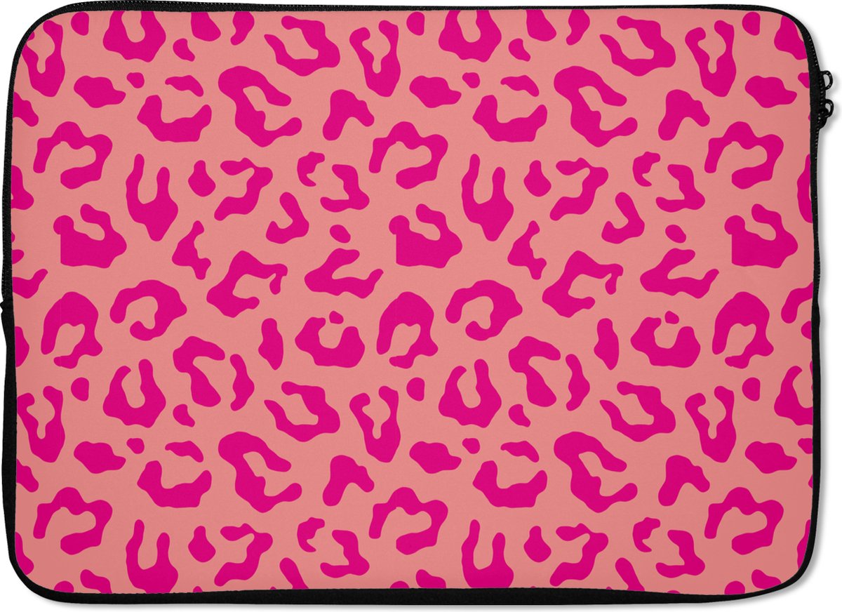 Laptophoes 14 inch - Panterprint - Roze - Dierenprint - Minimalistisch - Laptop sleeve - Binnenmaat 33x23 cm - Zwarte achterkant