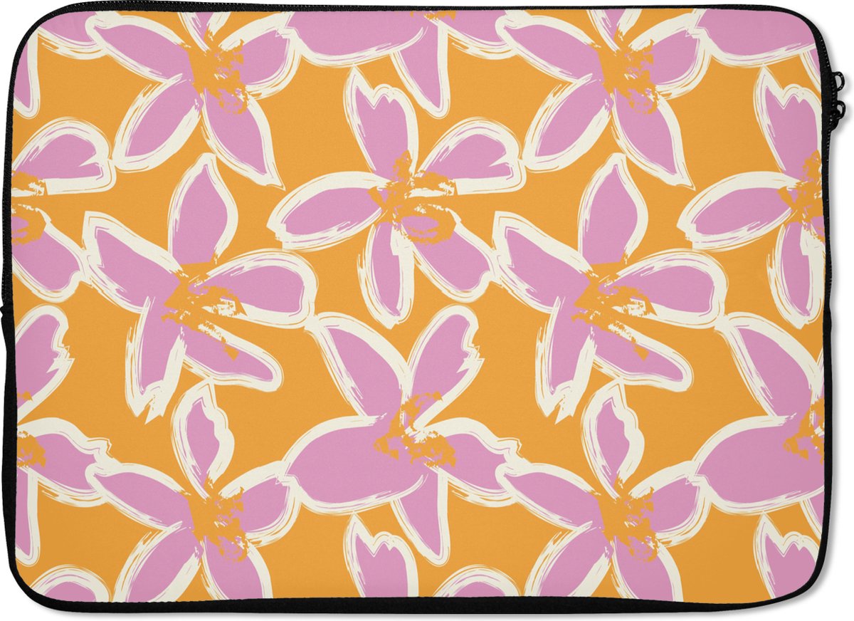 Laptophoes 13 inch - Bloemen - Patroon - Roze - Oranje - Laptop sleeve - Binnenmaat 32x22,5 cm - Zwarte achterkant