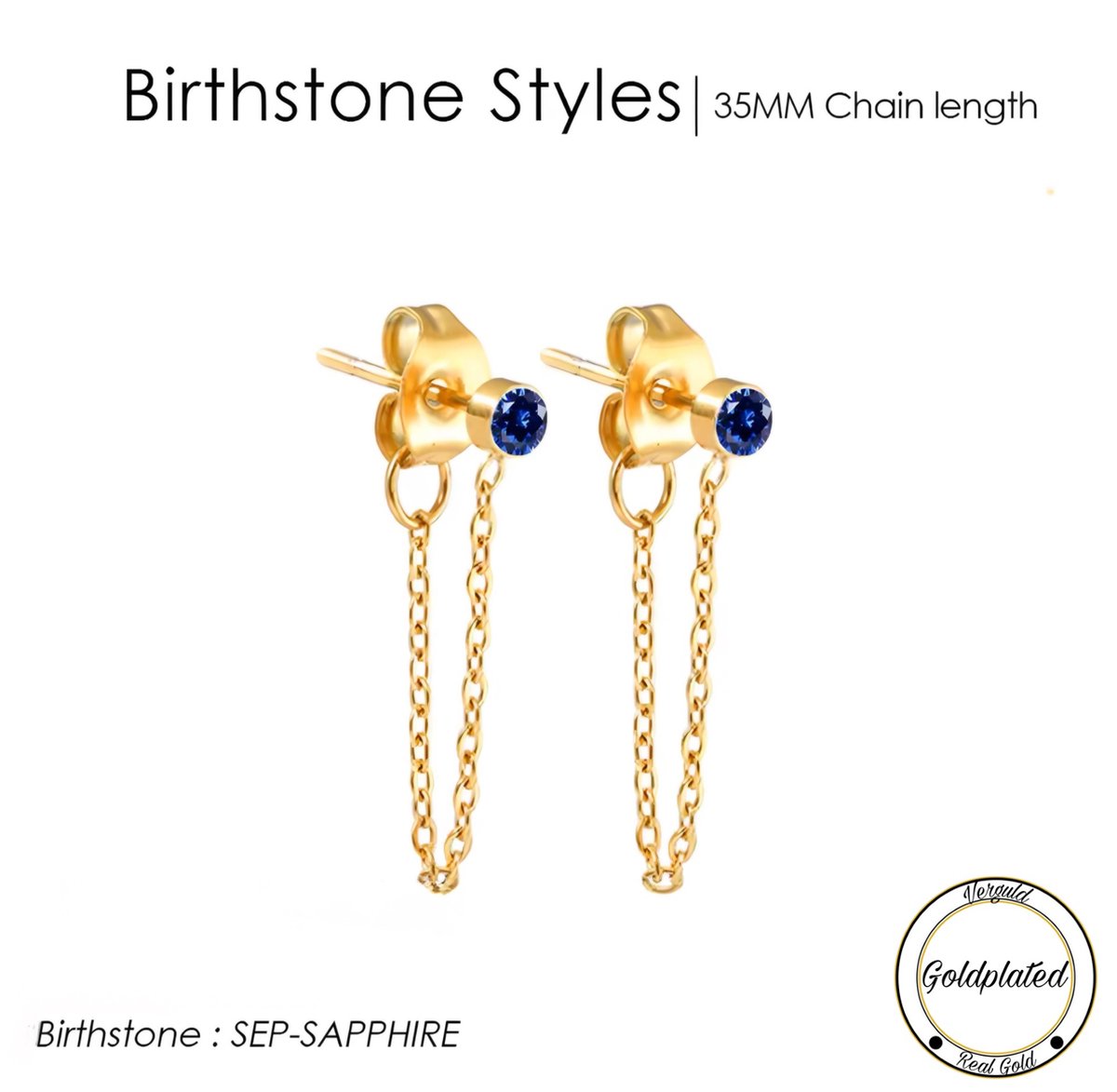 Borasi Birthstone Oorbellen Met Hanger September | Goldplated | Donkerblauw | Dames Sieraden |