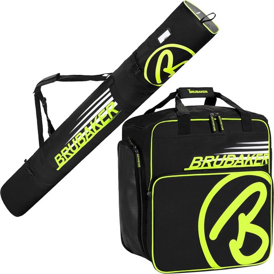 Brubaker Combi Set Carver Champion - skitas en skischoentas voor 1 paar ski's + stokken + schoenen + helm - zwart/neon geel - 170 cm