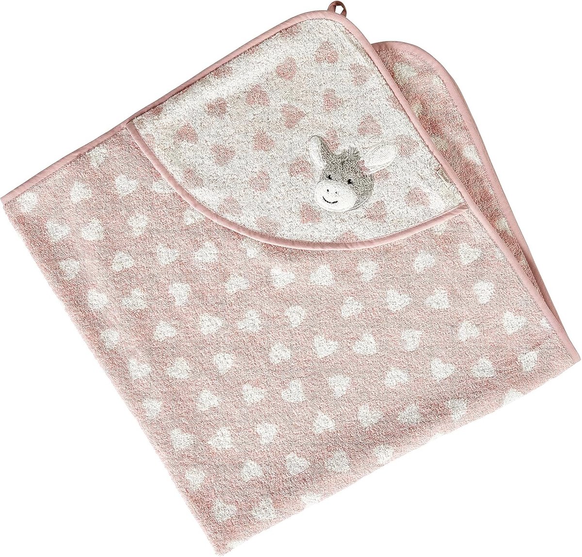 JGS ® Zachte Roze Kinderbadhanddoek met Kap en Hartjes Motief voor Meisjes 100 x 100 cm