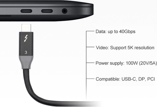 Câble USB-C vers USB-C Thunderbolt 3 - 100W 5A - USB 4 - 60 CM - 40Gbps - chargeur et câble de données - convient entre autres Téléphone et ordinateur portable - noir