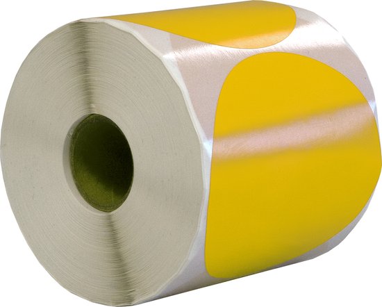 Rouleau de 80mm d'autocollants ronds jaunes, sur fond blanc.
