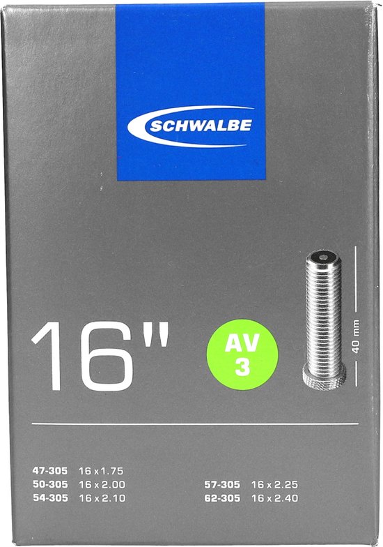 Schwalbe fietsbinnenband verpakking, 16 inch, met autoventiel AV3.