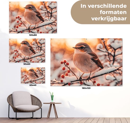 Affiche de jardin - Toile de jardin - Posters de jardin extérieur - Vogel - Branche - Hiver - Animaux - Neige - 120x80 cm - Jardin