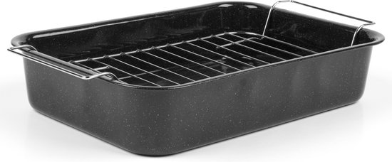 Russell Hobbs Romano emaille braadpan met rooster, 34 cm, ideaal voor het braden van kip, rundvlees, groenten, antiaanbaklaag, grote diepe braadslede, gespikkelde afwerking, zwart