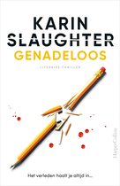 Boekomslag van 'Genadeloos' van Karin Slaughter met gebroken potlood en bloeddruppels.