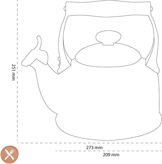 Schematische tekening van een rode fluitketel met afmetingen in mm.