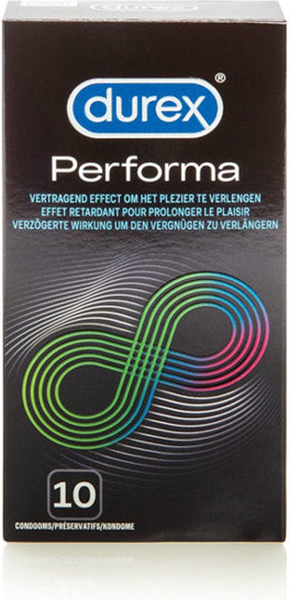 Durex Performa condoomverpakking zwart met infinity-symbool in groen en roze. Bevat 10 condooms.
