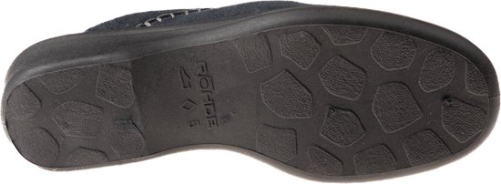 Semelle d'une mule pantoufle bleu foncé avec une semelle extérieure noire texturée et logo "ROHDE".