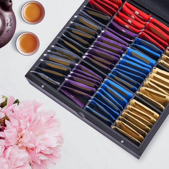 Bamboe Theedoos Theedoos Design Thee, Tea, Thé. Doorzichtige/Transparante Theedoos 6 Vaks | Theeblik 6 Theedoos 12 Vaks Tea Organizer