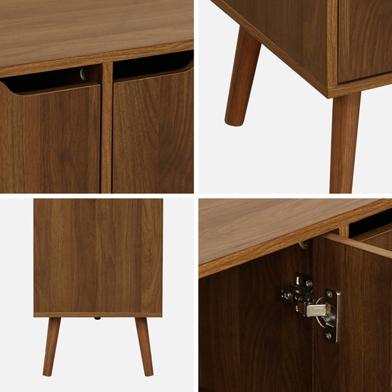 Detailfoto's van een dressoir van houtdecor: deuren, scharnieren en schuine poten.