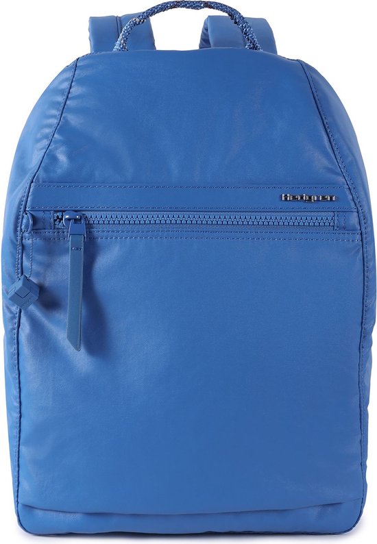 Blauwe rugzak met ritsvak voor en logo "Hedgren".