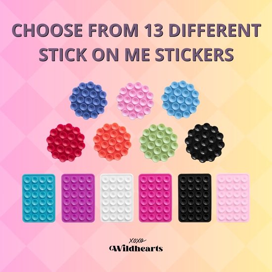 Collage met 13 verschillende telefoonstickers in diverse kleuren en vormen.