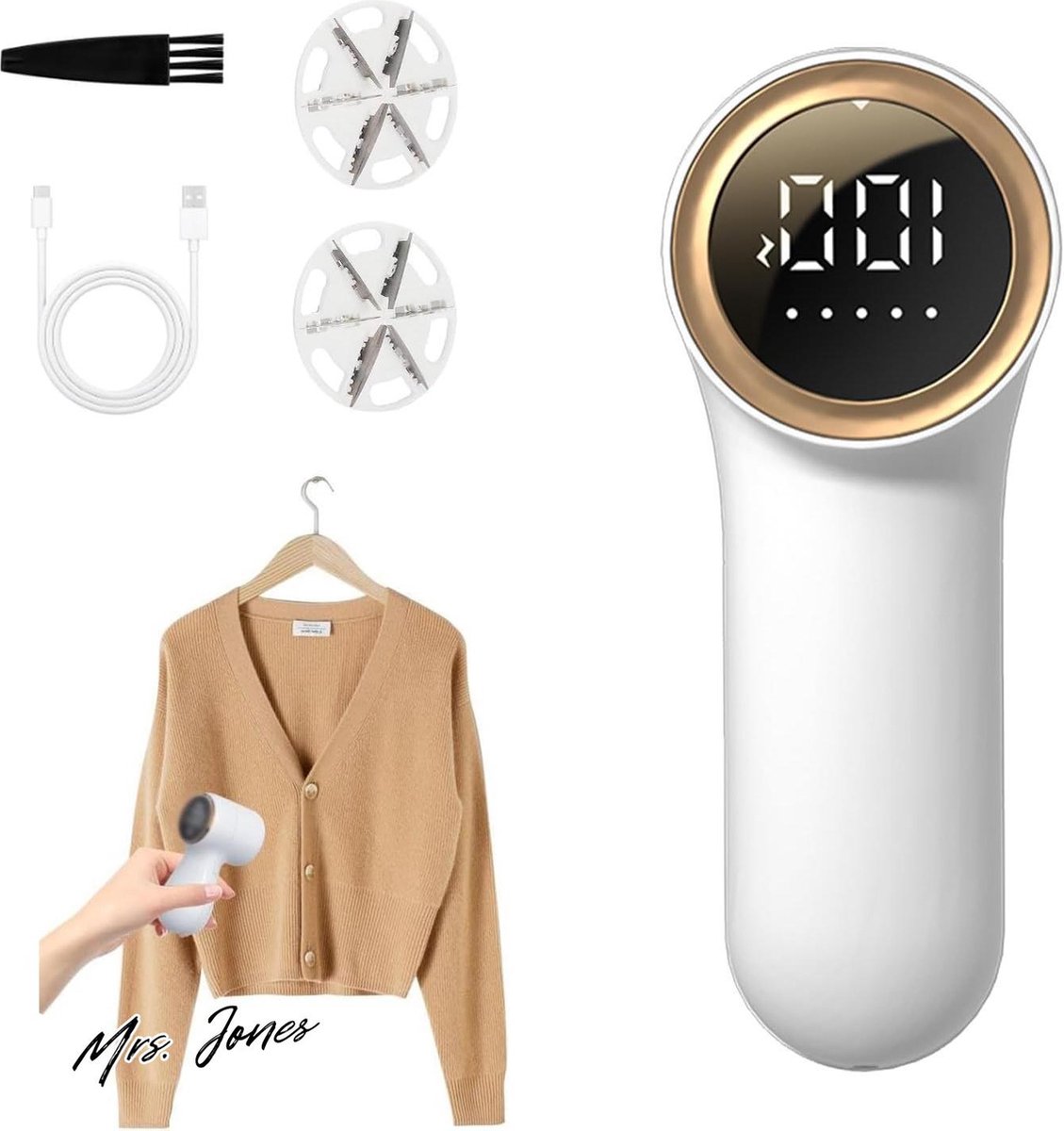 Mrs. Jones Draagbaar en Compact Pluisverwijderaar met 3 Bladen - 5 Instelbare Standen - LED-indicatoren - USB-lading .