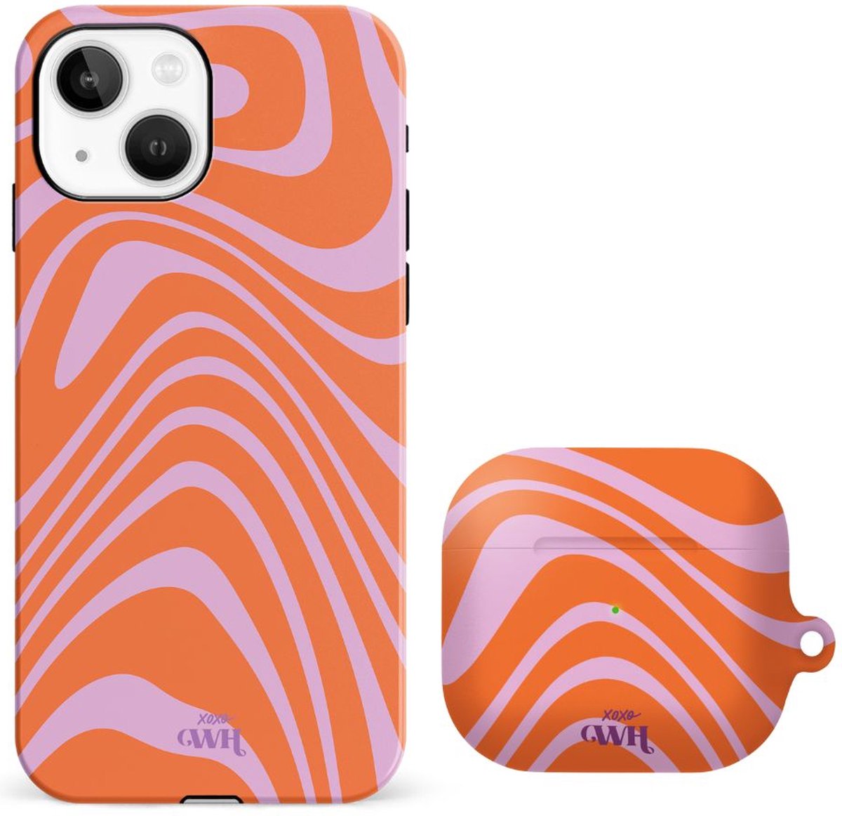 xoxo Wildhearts telefoonhoesje geschikt voor iPhone 13 met AirPods 3 hoesje - set - Boogie Wonderland Orange - Double Layer - Telefoonhoesje met dubbele beschermlaag - Hoesje met golvend patroon - Golven - Oranje met Paars
