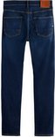 Donkerblauwe jeans met gele sierstiksels en bruin label.