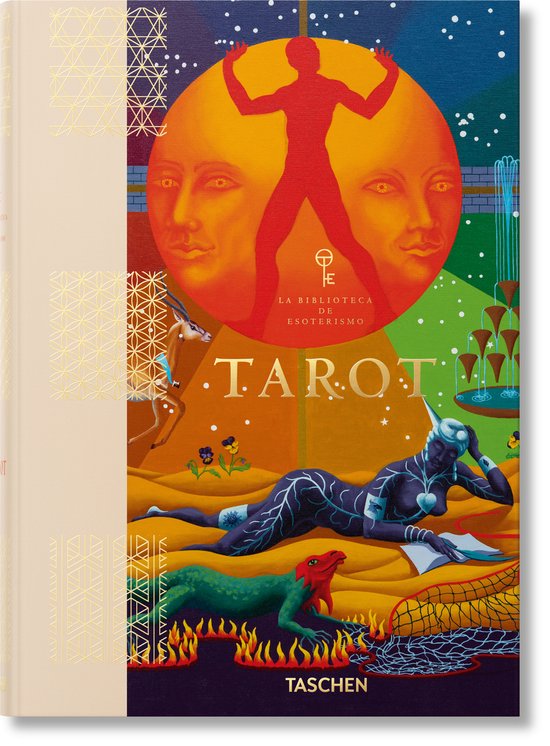 Boekomslag met de titel 'Tarot. La Biblioteca de Esoterismo'. Bevat mystieke figuren, een zonneschijf en geometrische patronen.