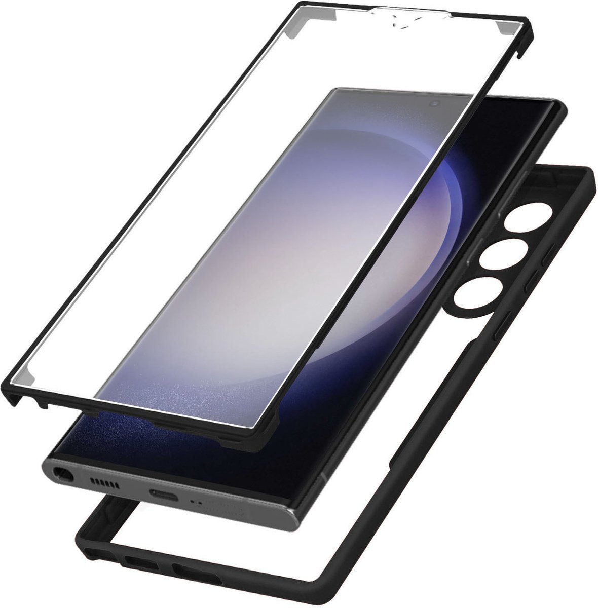 Geschikt voor Samsung S23 Ultra integrale hoes Achterkant plexiglas omtrek Zwart