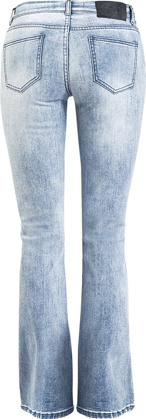 Lichtblauwe jeans met lichte wassing, van achteren gezien.