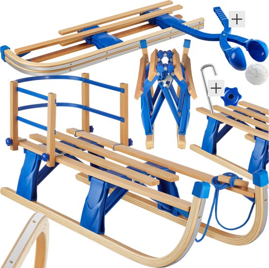 tectake® Houten slee met verwijderbare rugleuning - Sneeuwslee - Slede - Inklapbaar- Met trekkoord en sneeuwbaltang - Stalen glijders - Draagkracht 130kg