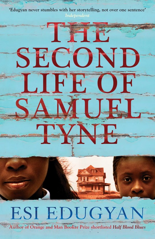 Boek 'The Second Life of Samuel Tyne' met rode tekst op een verweerde houten achtergrond, twee meisjes en een huis.